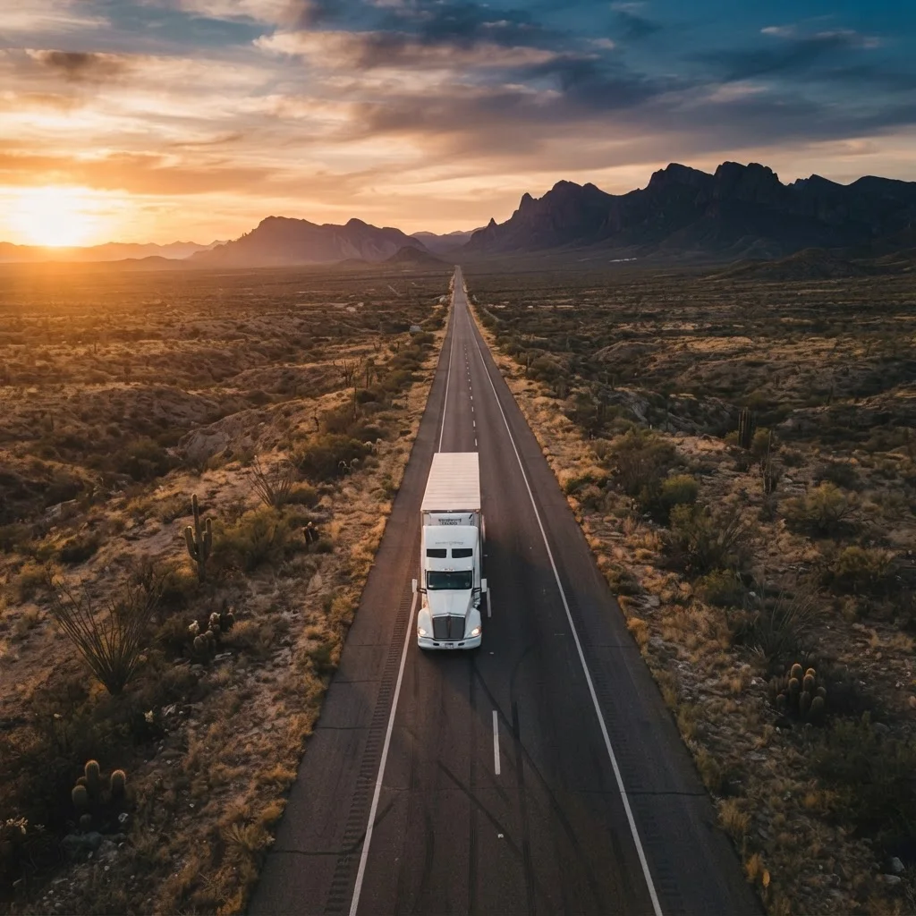 Unidad RUY Logistics en ruta al atardecer